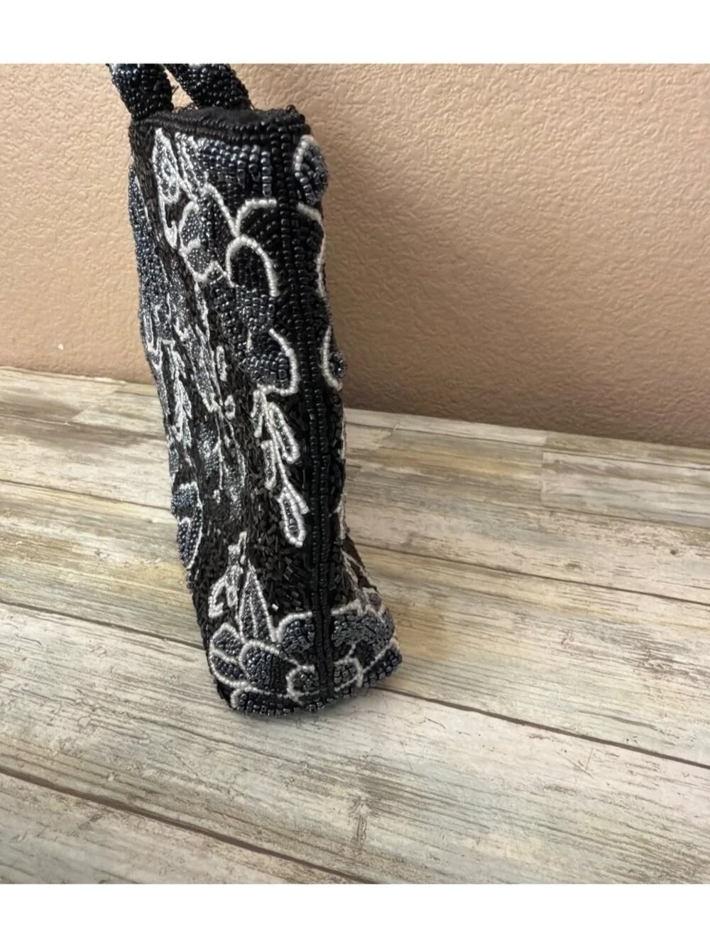 Vintage Black White Beaded Floral Evening Bag Top Handle Cocktail Purse - Picture 4 of 13